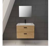 AURLANE Meuble Salle de Bain 60 cm Suspendu 2 tiroirs Finition Bois avec Vasque et Miroir - Box-in 60 Wood
