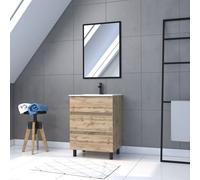 Meuble salle de bain 60 x 80 - Finition chene naturel + vasque blanche + miroir - TIMBER 60 - Pack15