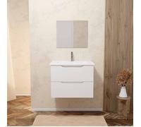 Meuble salle de bain 60cm suspendu 2 tiroirs Blanc Laque poignees integrees vasque et miroir - MILA