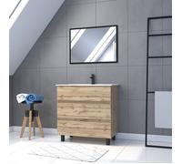 Meuble salle de bain 80x60 - Finition chene naturel + vasque blanche + miroir - TIMBER 80 - Pack 45