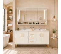 Meuble Salle De Bain avec Double Vasque, Grand Meuble sous Vasque Moderne avec Tiroirs, Placards, Armoire Miroir Et Étagère Ouverte(Cream,160cm)