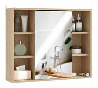 HOMCOM Armoire Murale Salle de Bain avec Miroir 60x14,5x49,4cm Naturel | Miroir Salle de Bain Avec Rangement, Placard à Portes et 6 Compartiments Ouverts