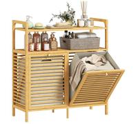 HOMCOM Meuble salle de bain avec panier à linge, armoire salle de bain en bambou avec 2 paniers en tissu amovibles et 2 étagères, corbeille à linge, pour toilette, buanderie, 82x33x88cm, bois naturel