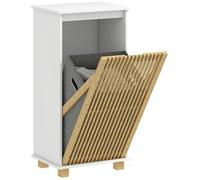 HOMCOM Meuble salle de bain avec panier à linge, meuble de rangement avec porte à lattes en bambou et sac amovible, armoire de salle de bain, 40 x 30 x 80 cm, blanc et effet bois naturel