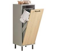 Meuble Salle de Bain avec Panier à Linge Rabattable, Armoire Étroit avec Pieds en Métal, Gris Naturel, 31,5x86x30 cm