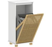 Meuble salle de bain avec panier š€ linge, porte š€ lattes en bambou et sac amovible, blanc et effet bois naturel