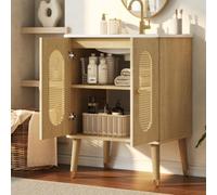 Meuble Salle de Bain Bas Rangement Sur Pieds avec Lavabo,3 Tiroirs,Étagère | 61cm,Armoire Toilette,Vasque Céramique,2 Porte Osier Aéré,Fonction Anti-Débordement,Pour Petites WC Invités,Moderne,Bois
