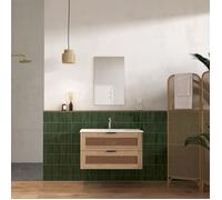Meuble salle de bain cannage Apolline 80cm décor bois et cannage - 2 tiroirs, vasque et miroir