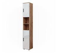 Meuble salle de bain Irma, 30x192cm avec portes, et compartiments ouverts, Blanc Haute brillance/Chêne de force doré, Vicco 40511