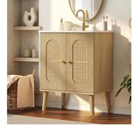 Meuble salle de bain sur pied 61 cm effet bois naturel portes en rotin étagères fixes vasque en céramique sans robinet