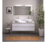Meuble salle de bain suspendu 120 cm blanc export plateau effet béton double vasque miroir et lampe Berlin