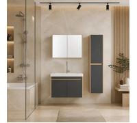 Meuble salle de bain suspendu 80 cm anthracite - Dallas - Ensemble 4 pièces : vasque céramique miroir colonne