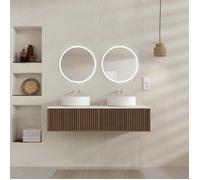 Meuble Salle de Bains 120 2 Tiroirs Décor Chêne et Noir - Vasques et Plan Blancs - Miroirs LED 50