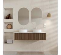 Meuble Salle de Bains 120 2 Tiroirs Décor Chêne et Noir - Vasques et Plan Blancs - Miroirs Ovales