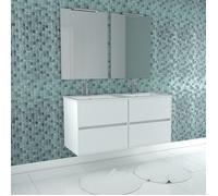 Meuble Salle de Bains 120 cm Laqué Blanc 4 Tiroirs, Vasque, Miroirs 60x80 et Réglettes Led - XENOS