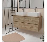 Meuble Salle de Bains 120cm 4 Tiroirs Chêne Naturel - 2 Vasques Carrées 41x41x15cm Blanches