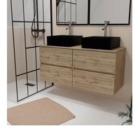 Meuble Salle de Bains 120cm 4 Tiroirs Chêne Naturel - 2 Vasques Carrées 41x41x15cm Noires