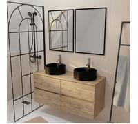 Meuble Salle de Bains 120cm 4 Tiroirs Chêne Naturel, 2 Vasques Noires Ø41cm et 2 Miroirs 55x75 cm