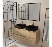 Meuble Salle de Bains 120cm 4 Tiroirs Chêne Naturel, 2 Vasques Noires 41x41x15cm, 2 Miroirs 55x75cm