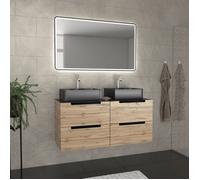 Meuble salle de bains 120cm Chêne et noir, Vasques rectangulaires et Miroir Black Led 120x70 - OMEGA