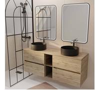 Meuble Salle de Bains 140 TIMBER Décor Chêne 4 Tiroirs et Module Vasques Noires Miroirs LED 60x80