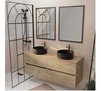 Meuble Salle de Bains 140 TIMBER Décor Chêne 4 Tiroirs - Vasques à Poser Noires - 2 Miroirs 60x80