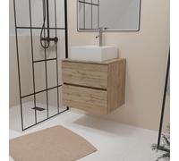 Meuble Salle de Bains 60cm 2 Tiroirs Chêne Naturel + Vasque Carrée 41x41x15cm en Céramique Blanche