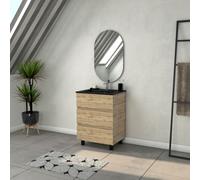 Meuble Salle de Bains 60cm 3 Tiroirs Chêne Industriel + Vasque Noire et Miroir Ovale