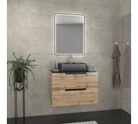 Meuble salle de bains 80 cm 2 tiroirs - Chêne et noir - Vasque rectangle - Miroir Black Led - OMEGA