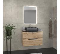 Meuble salle de bains 80 cm 2 tiroirs - Chêne et noir - Vasque rectangle - Miroir Led - OMEGA