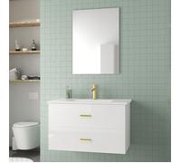 Meuble Salle de Bains 80 cm Laqué Blanc et Or Doré à Tiroirs avec Vasque Céramique et Miroir