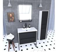 Meuble Salle de Bains 80 cm Vasque Blanche Miroir Led et Colonne - Blanc et Noir - STRUCTURA