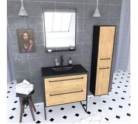 Meuble Salle de Bains 80 cm Vasque Noire Miroir Led et Colonne - Chêne et Noir - STRUCTURA