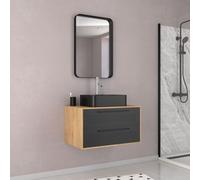 Meuble Salle de Bains 80 cm, Vasque Rectangulaire et Miroir - Chêne naturel et Noir Mat - UBY