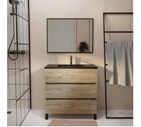 Meuble salle de bains 80cm décor chene naturel 3 tiroirs - Vasque noire et Miroir - TIMBER