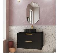 Meuble Salle de Bains 80cm Noir Mat et Or Doré 2 Tiroirs - Vasque Noire - Miroir & Applique Led