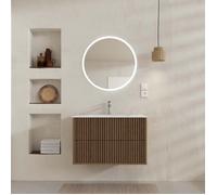 Meuble Salle de Bains YUKI 80 - 2 Tiroirs Décor Chêne et Noir - Vasque Blanche - Miroir LED 70