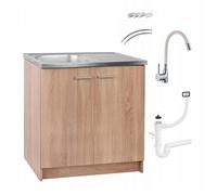 Meuble sous Évier 80 cm Chêne Sonoma + Évier Inox + Robinet Extensible Beige + Siphon LV + Kit - 80x49x82 cm