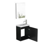 Meuble sous lavabo 40 cm, noir brillant, sans poignée, avec miroir | Façade sans poignée en foncé profond - Monté, avec cuve en céramique et charnières amortissantes pour les petites salles de