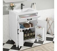 Meuble sous lavabo 60 x 46 x 84,8 cm, blanc, 2 portes, tiroir. | Meuble bas autoportant avec double portes et lavabo en céramique pour les petites salles de bains, les toilettes d'invités et