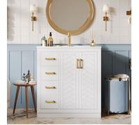 Meuble sous-lavabo avec 3 tiroirs et plateau latéral, meuble de salle de bain, lavabo en céramique, 76,5×46,5×84,5 cm, Blanc