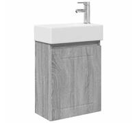 Meuble sous lavabo avec robinet gris Sonoma | Bassin en céramique, montage mural, porte réversible, bonde poussoir, matériau en bois