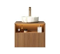 Meuble sous lavabo avec vasque en céramique LED 60 cm Chêne | Armoire de salle de bain pré-montée avec lumière à capteur LED, tiroir, étagère et lavabo en céramique pour toilettes