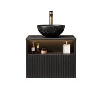 Meuble sous lavabo avec vasque en céramique LED 60 cm Noir | Armoire de salle de bain pré-montée avec lumière à capteur LED, tiroir, étagère et lavabo en céramique noire pour toilettes