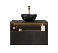 Meuble sous lavabo avec vasque en céramique LED 80 cm Noir | Armoire de salle de bain pré-montée avec lumière à capteur LED, tiroir, étagère et lavabo en céramique noire pour toilettes