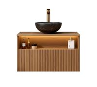 Meuble sous lavabo avec vasque en céramique LED 80 cm Noir | Armoire de salle de bain pré-montée avec lumière à capteur LED, tiroir, étagère et lavabo en céramique noire pour toilettes
