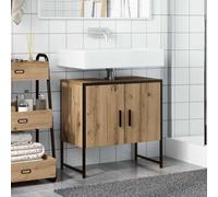 Meuble sous lavabo de 60 cm, chêne Artisan avec ouverture de siphon (8 x 20 cm), matériau en bois et acier revêtu par pulvérisation, pieds réglables, montage mural - Armoire de salle de bain pour un