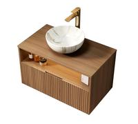 Meuble sous lavabo flottant 80 cm en chêne céramique pour salle de bain. | Armoire de salle de bain pré-montée avec lumière à capteur LED, tiroir, étagère et lavabo en céramique blanche pour toilettes