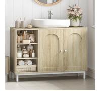 Meuble sous Lavabo, Meuble de Rangement pour Salle de Bain, pour Évier avec Étagère Ouverte et 2 Portes, Chêne Clair