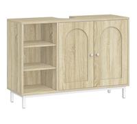 Meuble sous Lavabo, Meuble de Rangement pour Salle de Bain, pour Évier avec Étagère Ouverte et 2 Portes, avec Pieds, Chêne Clair